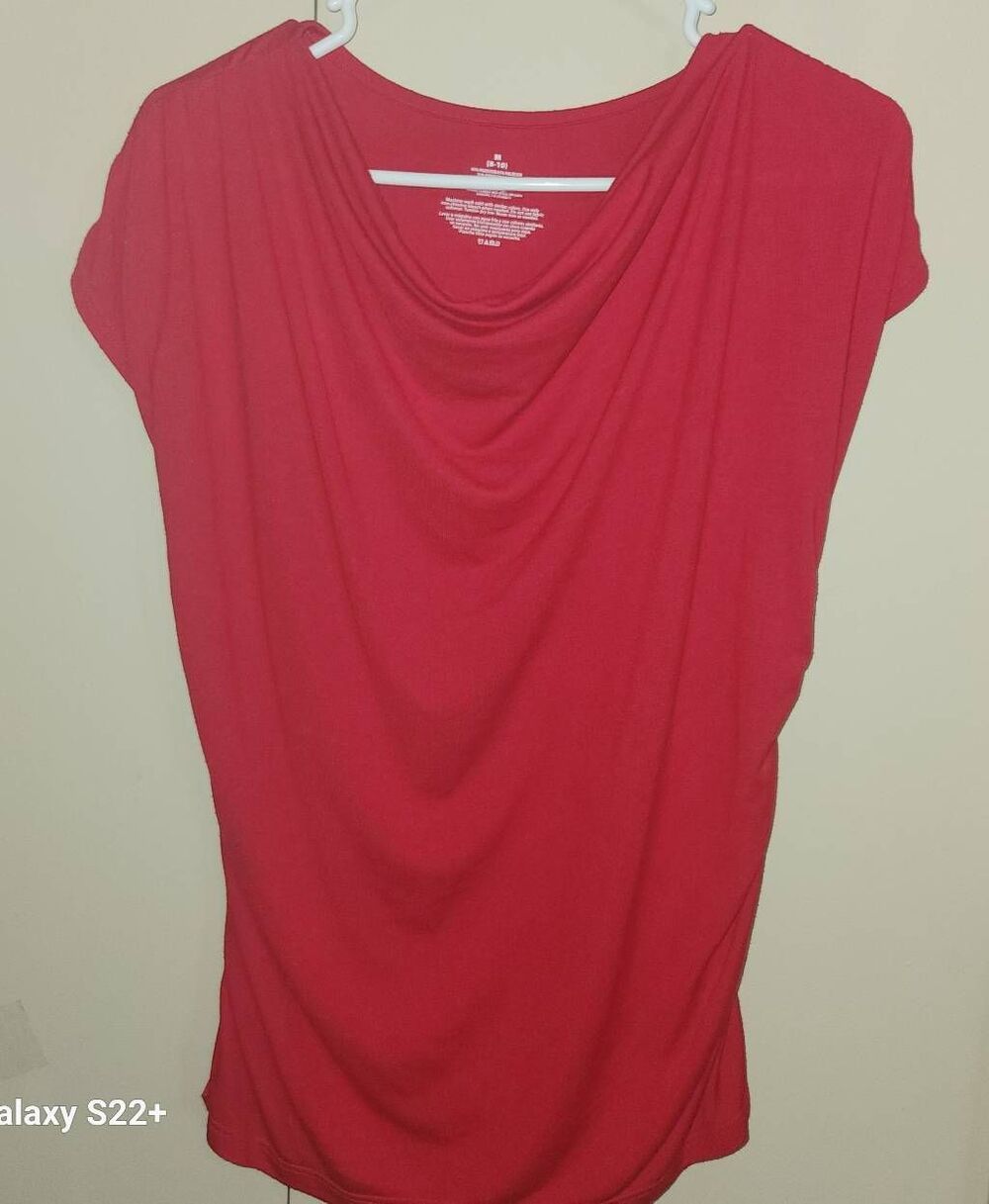 Vibrant Red drape neck tee with cap sleeves & feminine sheering on the sides